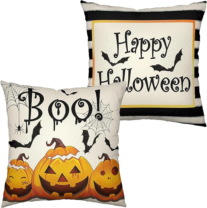 Halloween Pumpkin Bat Spider Web Pillow Covers 24x24 Modern Halloween Decor Throw Pillow Covers Black and White Striped Pillow Case for Living Room Party Outdoor Set of 2