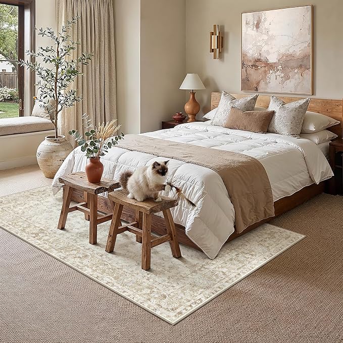 5x7 Washable Neutral Area Rug for Living Room Bedroom Beige Floral Soft Non Slip Rug Low Pile Distressed Carpet for Dining Room Nursery Office Indoor