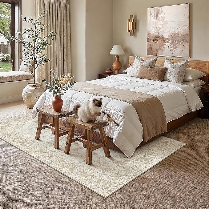 8x10 Washable Neutral Area Rug for Living Room Bedroom Beige Floral Soft Non Slip Rug Low Pile Distressed Carpet for Dining Room Nursery Office Indoor