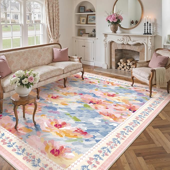 8x10 Washable Area Rug Pink Blue Living Room Bedroom Floral Throw Rug Abstract Modern Non Slip Soft Low Pile Large Carpet for Dining Room Office Nursery