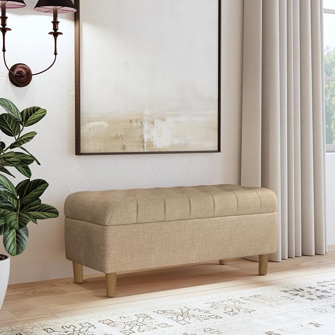 HomePop 40" Ainsley Button Tufted Storage Bench - Light Tan Textured Solid