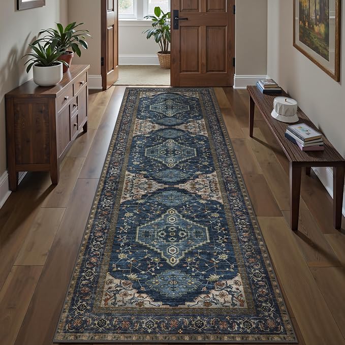 Tangsoo Dark Blue 2.6x8 Washable Runner Rug for Hallways, Oriental Non Slip Vintage 8ft Runner Rugs, Soft Low Pile Long Rug Runner, Print Carpet Runners for Kitchen Bedroom Entryway Living Room
