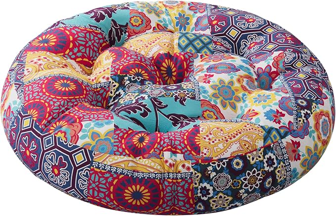 Codi Meditation Floor Pillow, Boho Pillows Seating for Adults and Teens, Large Round Cushion for Yoga Living Room Tatami Sitting, Memory Foam Added, 22x22 Inch, Multi Patchwork