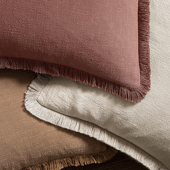 MIULEE Decorative Throw Pillow Covers Neutral Linen Fringe Throw Pillows Set of 2 Autumn Glaze Boho Farmhouse Cushion Covers with Tassels for Couch Sofa Bed Living Room Fall Decor 20x20 Inch