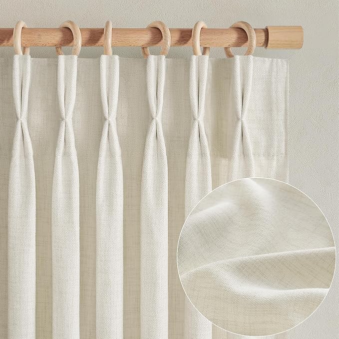 Light Filtering Thick Linen Viral Curtains 102 Inches Long for Living Room, Light Cream Pinch Pleat Semi Sheer Privacy Curtain That Let Light in with Hooks Back Tab for Sunroom/Office Window Drapes