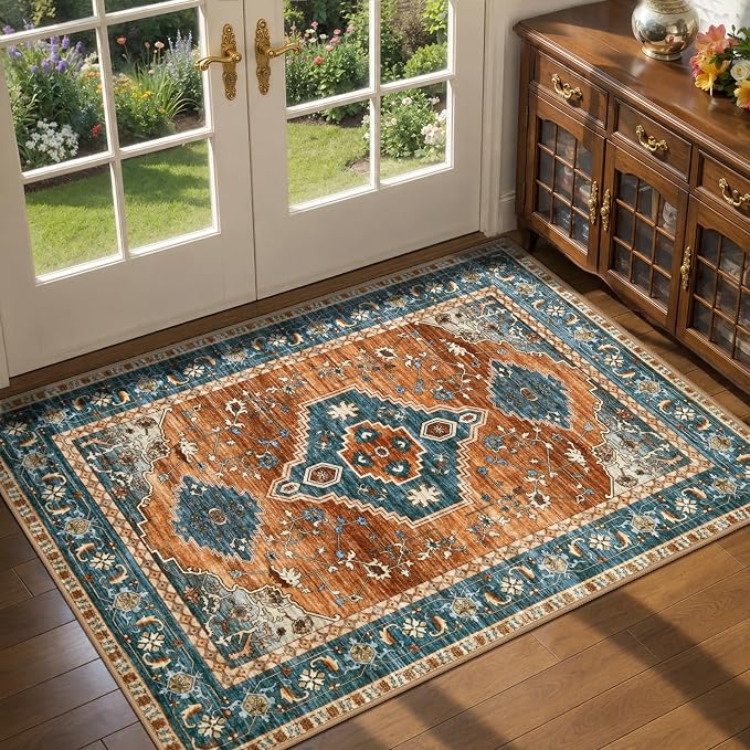 Tangsoo Oriental Small 2X3 Washable Rugs for Entryway, Vintage Non Slip Rug Carpet, Indoor Front Door Rug, Door Mat Indoor Entrance Soft Low Pile Throw Rugs for Entry Kitchen Bedroom Orange/Blue