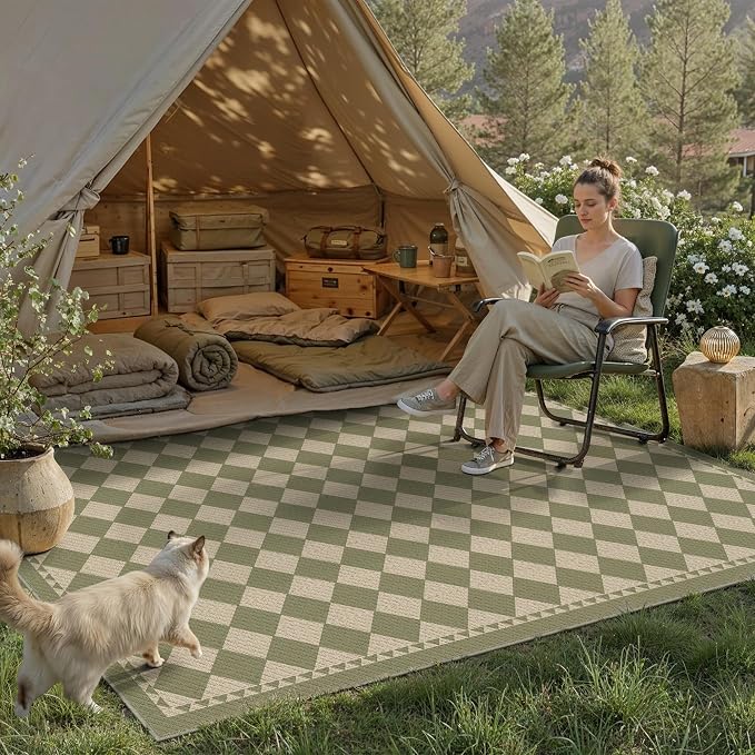 HUGEAR 3'x5' Green Outdoor Rug Waterproof Patio Linen-Look Checkered Outside Floor Mat Carpet for Deck Porch Balcony Backyard Camping RV Picnic Beach Area Rug Home Decor