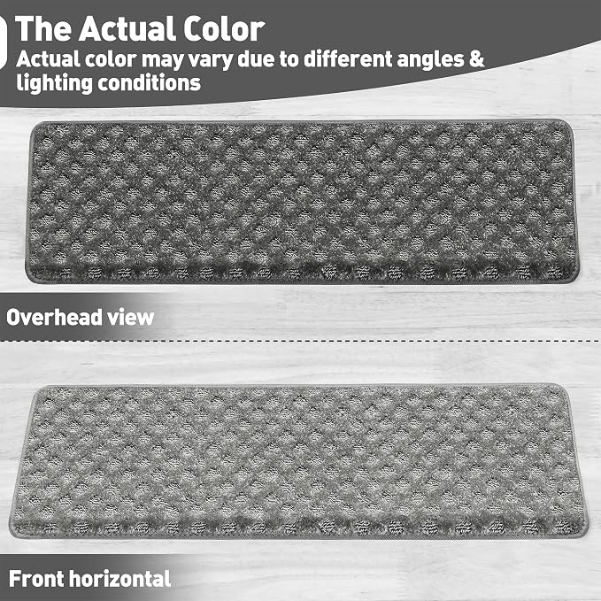 PURE ERA Bullnose Carpet Stair Treads Set Tape Free Non-Slip Indoor Stair Protectors Pet Friendly Rugs9.5" x 30"(2 Pieces,Grey Mini-Diamond Trellis)