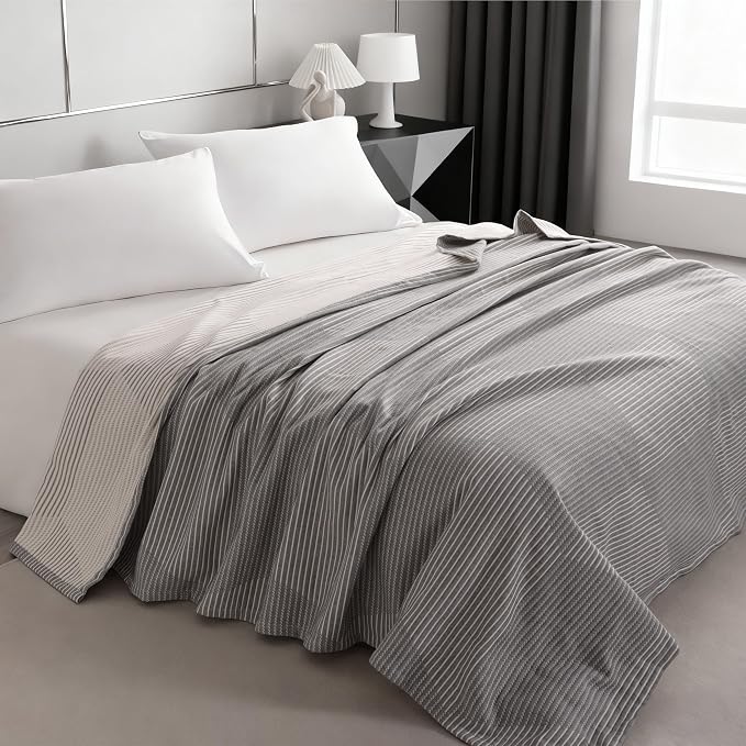 NTBAY 3 Layers Cotton Muslin 106x92 King Bed Blanket, Super Soft Breathable Thermal Yarn Dyed Quilt for Adults, Perfect Lightweight Blanket for Couch Sofa Bed All Seasons, Grey Striped