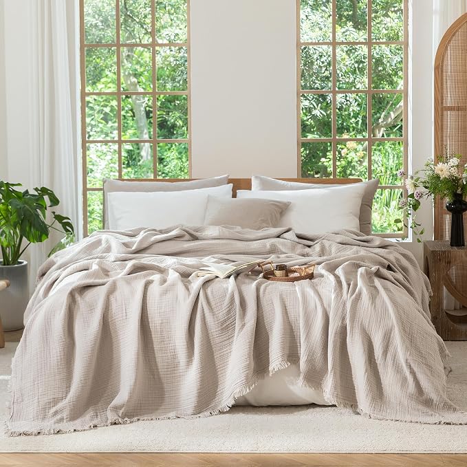 MooMee Muslin Blanket - 100% Cotton 4-Layer Gauze Throw Blanket with All-Around Fringe, Soft Breathable Lightweight Cooling Summer Blankets for Bed Couch (Cream Grey,Queen 90" x 90")