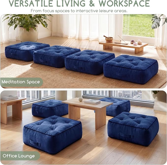 HIGOGOGO 8" Extra Thick Floor Pillow Cushion for Adults, Meditation Cushion Pillow with Handle, Lustrous Chenille Tufted, Square Floor Sitting for Tatami Living Room or Yoga, 22x22 Inch, Navy