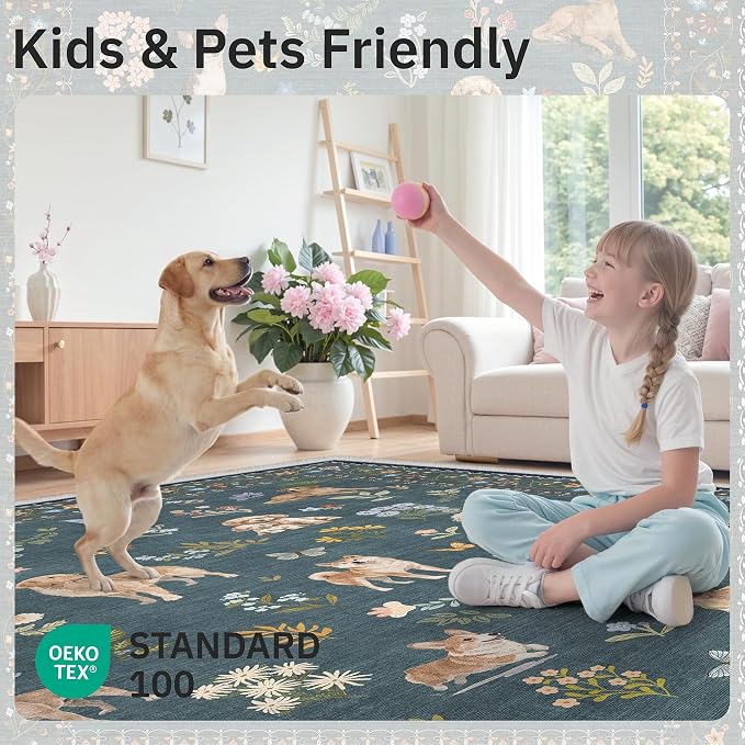 Soalmost 2x3 Dog Rugs for Entryway, Machine Washable Door Mat Animal Floral Small Area Rug Non-Slip Low Pile Soft Throw Rugs for Entrance Kitchen Indoor Front Door Kids Room (2 x 3,Navy Blue)