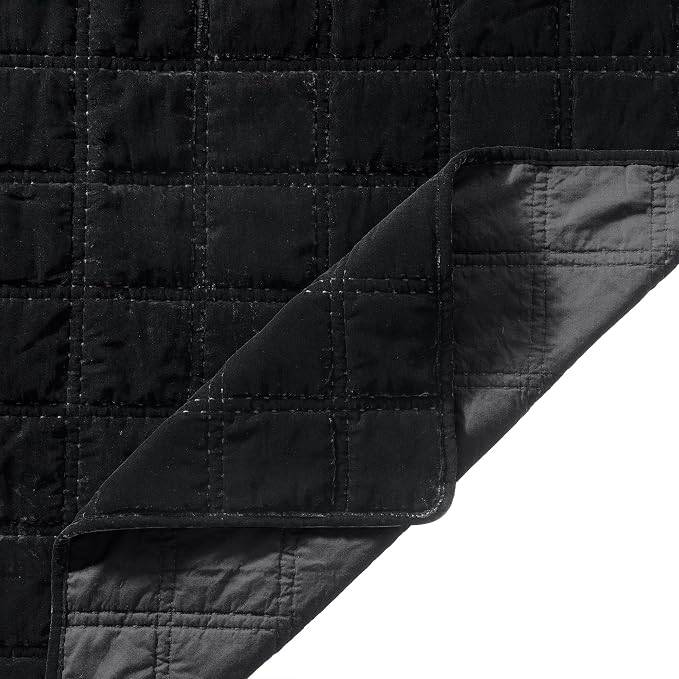 HiEnd Accent Stella Faux Silk Velvet Double Box Stitch 3 Piece Quilt Set, King Size, Black Solid Color, Classic Chic Modern Rustic Elegant Bedding Set, Lightweight Bed Set