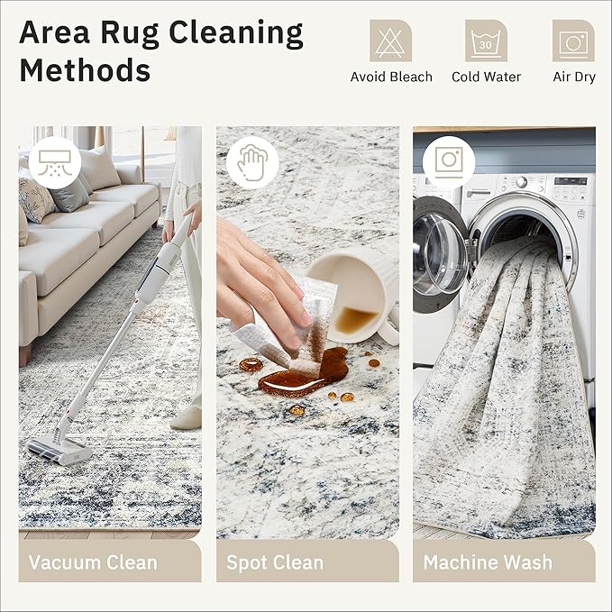 Soalmost Washable Area Rug 8x10, Large Soft Rugs for Living Room Vintage 8x10 Area Rugs for Bedroom Dining Room Non-Slip Stain Resistant Under Table Blue Ivory Rug