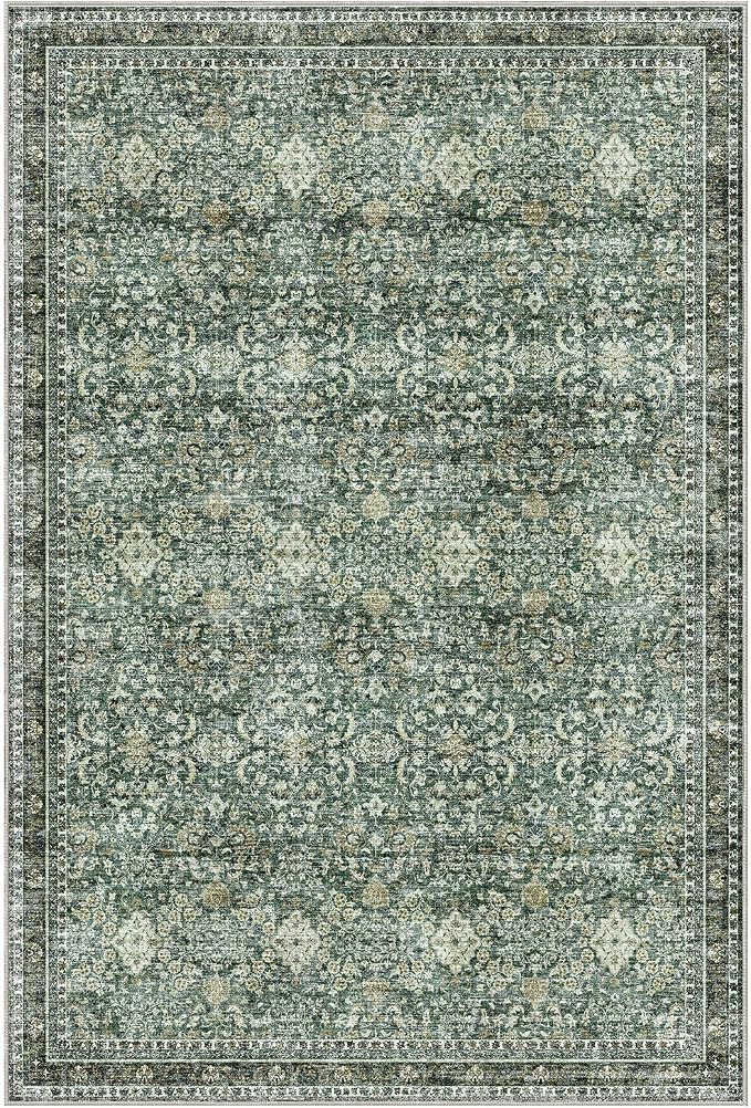Sasttie 4x6 Area Rug, Ultra-Soft Washable Rug, Low Pile Foldable Thin Carpets with Non-Slip Backing, Skin-Friendly Stain Resistant Carpet for Living Room, Bedroom, Kitchen, Dorm, 4x6, Dark Green