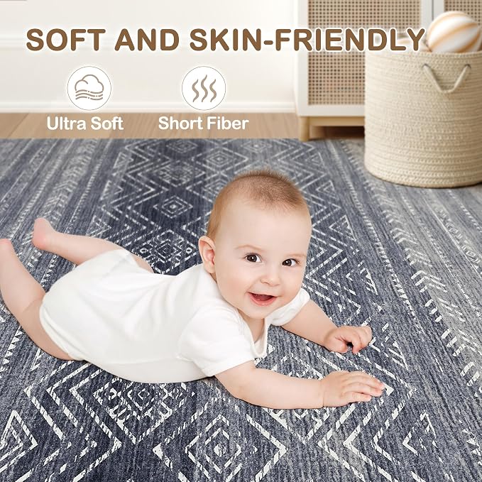 Tortania Area Rug Living Room Rugs- 10x12 Washable Large Soft Neutral Boho Moroccan Bohemian Farmhouse Rug Indoor Floor Carpet for Bedroom Under Dining Table Home Office Decor - Blue Gray