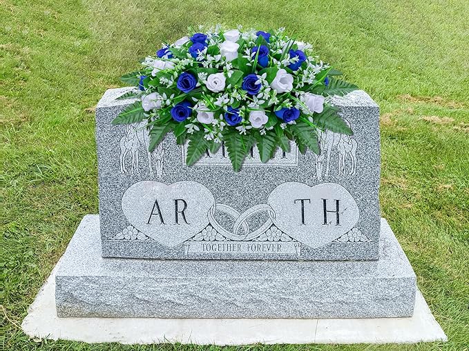 LVXINLI Artificial Cemetery Flowers Saddle-Shaped Tombstone Decorations Non-Fading UV-Resistant（Blue+White Saddle ）