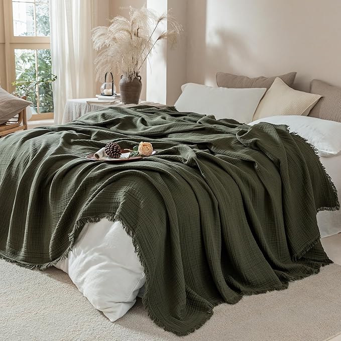 Muslin Fringe Blankets for Adults: 100% Cotton Cloud Soft | 4-Layer Gauze Breathable Lightweight All Season Throw Blanket for Bed Couch Sofa Office