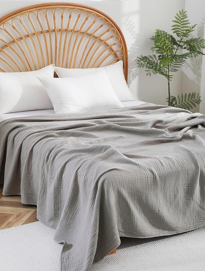 100% Cotton Muslin Throw XL Blanket (50" x 70") – A Luxuriously Soft, 4-Layer Lightweight and Breathable Gauze Blanket, Perfect for Year-Round use on beds, couches (Grey, Throw XL)