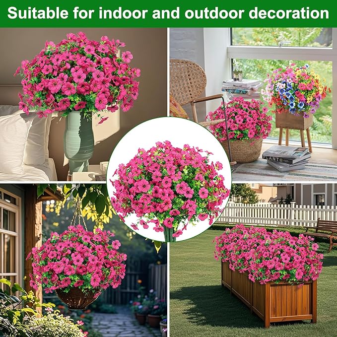 Ouddy Decor 12 Bundles Artificial Flowers for Outdoors Fake Silk Flowers UV Resistant Faux Plastic Plants for Spring Summer Garden Porch Window Box Table Vase Home Indoor Outdoor Decoration, Rose Red
