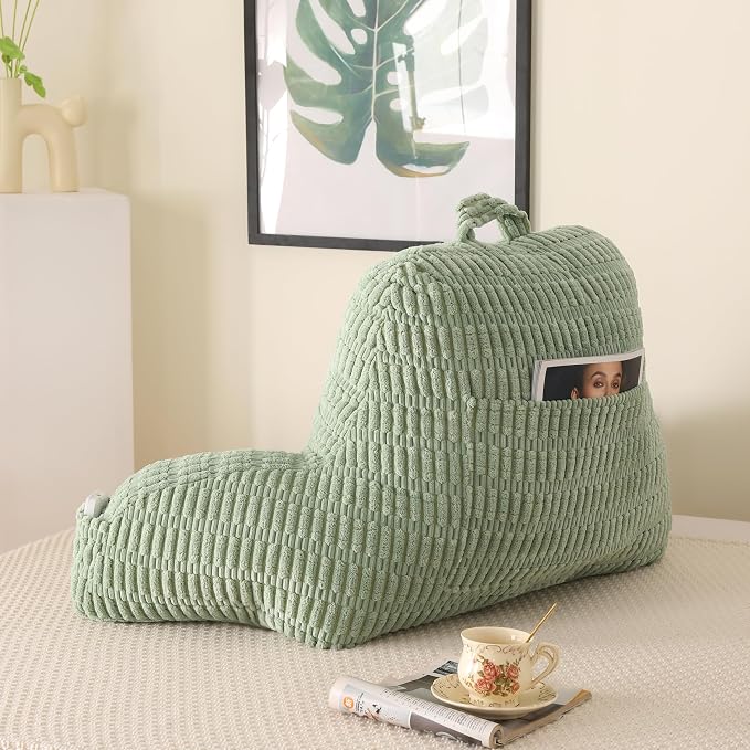 Reading Pillow for Sitting in Bed with Arm,Green Corduroy,M | Sitting Pillow for Teens Back Support,17" Backrest Pillow Supports Reading,Gaming & Relaxing in Bed,Couch,Floor
