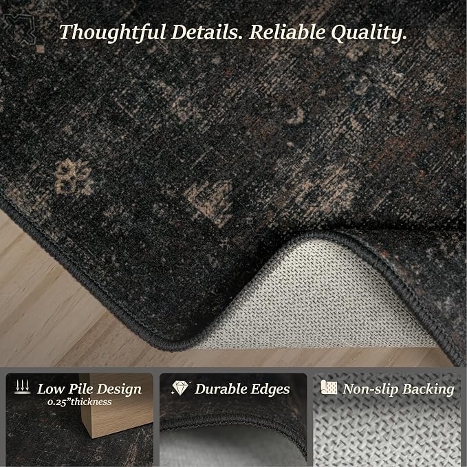Black 2x5 Washable Entryway Runner Rug, Non Slip Hallway Rug for Laundry Room, Bathroom & Bedroom, Dark Charcoal Low Pile Stain Resistant Indoor Rug