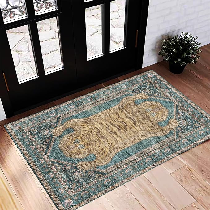 CHAMPLANT Washable Area Rug 2'x3' Door Mat Vintage Distressed Doormat Indoor Entrance Traditional Thin Rug Floral Print Non Slip Carpet for Kitchen Bathroom Bedroom Living Room