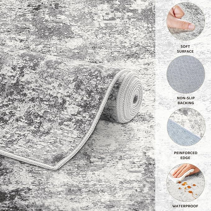 UERMEI 2x3 Entryway Area Rug: Washable Neutral Modern Abstract Small Rug - Non-Slip Low Pile Throw Indoor Carpet for Entrance Kitchen Front Door Mat Bathroom Entry Kids Room - Grey