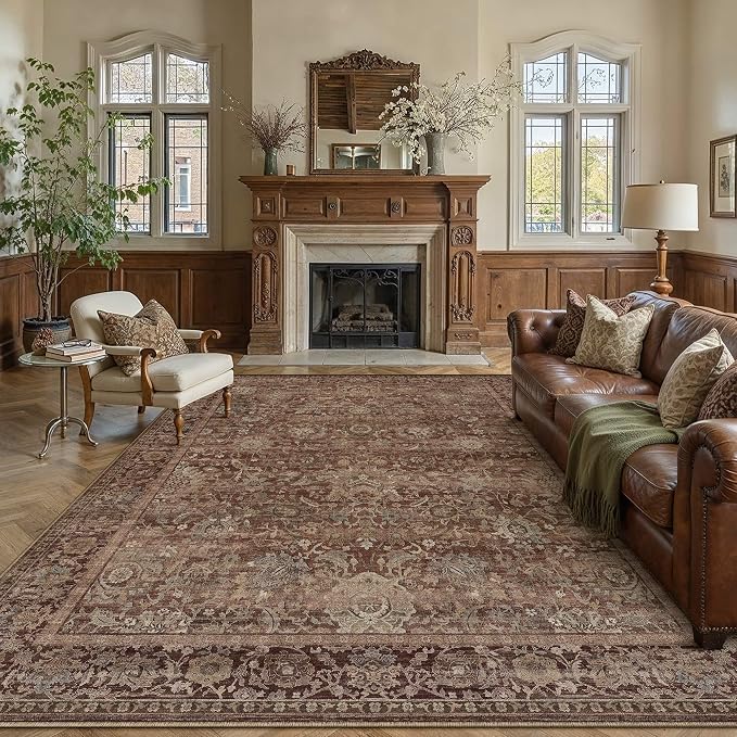 HUGEAR Area Rugs 9x12 Rust Red Washable Rug for Living Room Bedroom Large Neutral Vintage Rug Carpet Distressed Soft Durable Non Slip No Shedding for Indoor Dining Nursery Farmhouse