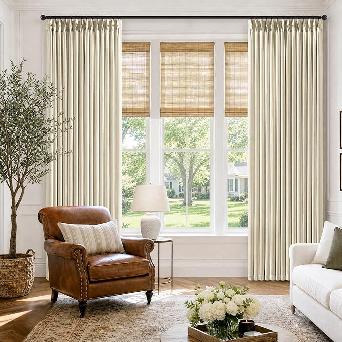Cream Beige Pinch Pleated Linen Curtains 100 Inches Long Memory Trained Semi Sheer Privacy Pleat Drapes with Hooks Rings Back Tab Light Filtering Window Curtain for Living Room Bedroom 2 Panels