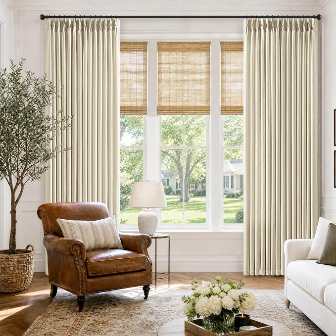 Pleated Linen Curtains 86 Inch 2 Panels for Living Room Warm Cream Beige Semi Sheer Non See Through Linen Textured Window Drapes with Hooks Rings Boho Rustic Pinch Pleat Bedroom Curtains 86 Inches