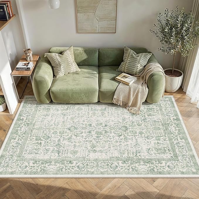 PureCozy Sage Green Area Rug 3x4 Washable Office Entryway Carpet Vintage Distressed Non Slip Kitchen Indoor Entry Neutral Low Pile Retro Floral Farmhouse Throw Mat for Laundry Dining Room Bedroom