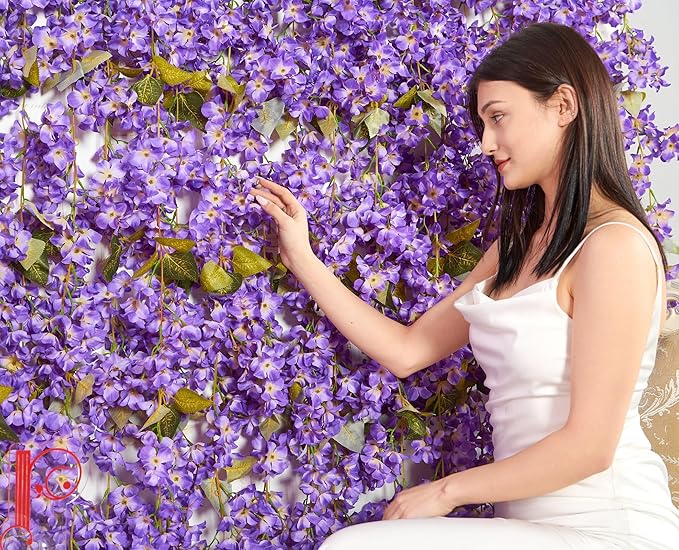 PONKING Flower Garland, Artificial Hydrangea Vine Flowers, Hanging Fake Hydrangeas Vine for Room Anniversary Wedding Birthday Christmas Wall Arch Decor, 2 Pcs, Floral Garland, Purple Flower