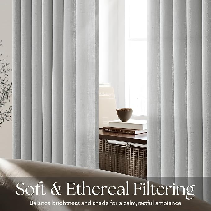 Grey Pinch Pleated Linen Curtains 90 Inch Length 2 Panels for Living Room Bedroom Textured GreySemi Sheer Drapes Pinch Pleat Rings Window Curtain 40x90