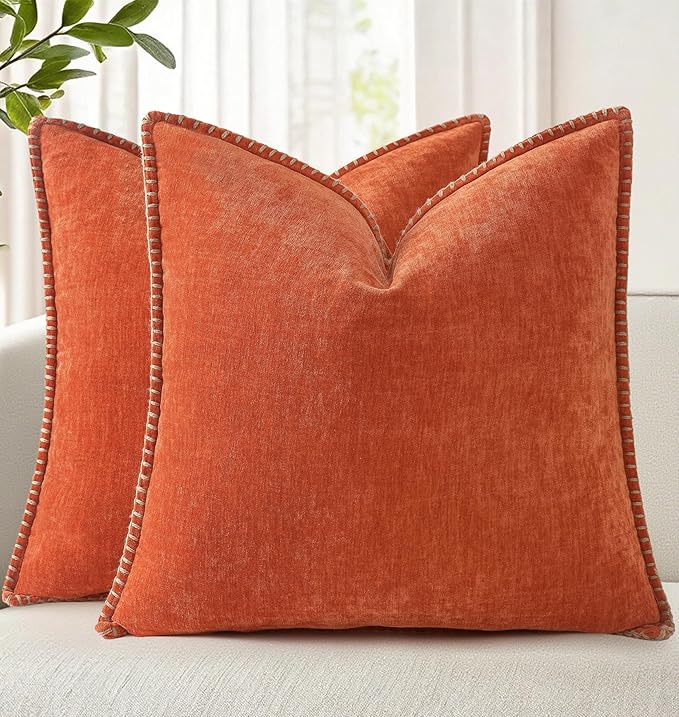 decorUhome Chenille Soft Cozy Throw Pillow Covers 18x18 Set of 2, Modern Farmhouse Boho Velvet Decorative Pillow Cases with Stitched Edge for Couch Sofa Bed Home Decor, Rust