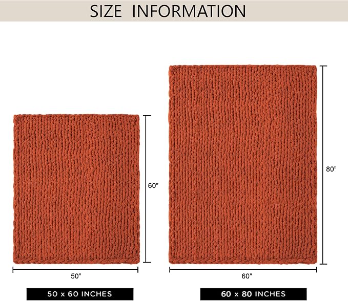 Chunky Knit Throw Blanket 50x60, 100% Handmade Chenille Yarn | 4.4lbs Soft Thick Cable Knitted Blankets, Large Rope Knot Crochet Throws for Couch Sofa Bed Thanksgiving Fall Decor, Rust