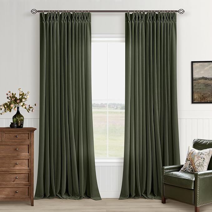 Pinch Pleated Linen Rifle Green Curtains 120 Inches Long for Living Dining Room Hooks Rings Back Tab Pinch Pleat Drapes Extra Long Light Filtering Semi Sheer 120 Inch Olive Curtains for Bedroom 10FT