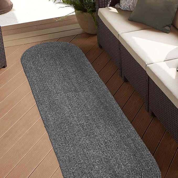 Superior Indoor/Outdoor Runner Rug, Reversible Braided Floor Decor for Living Room, Kitchen, Patio, Front Porch, Modern Boho Farmhouse Rugs, Hardwood, Bedroom Accessories, 2' x 8' Oval, Charcoal