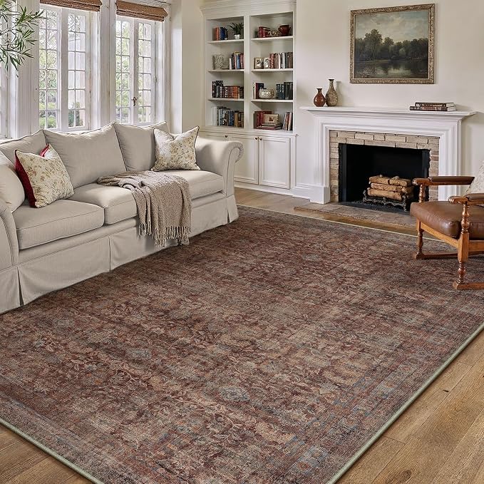 9x12 Red Washable Modern Area Rug Living Room Non Slip Low Pile Floral Extra Large Rug Vintage Traditional Stain Resistant Carpet Bedroom Office Indoor Playroom