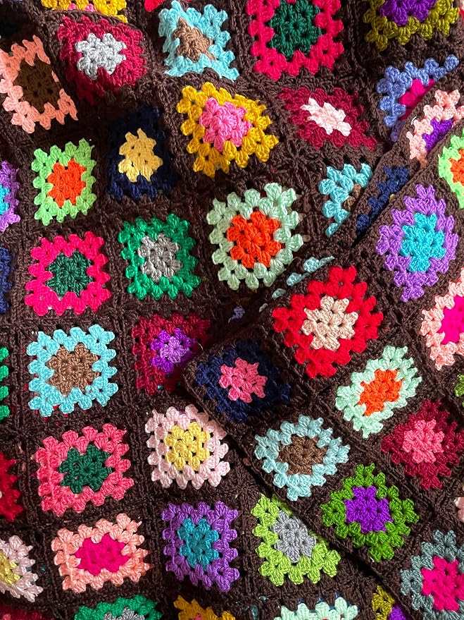 RISEON Handmade Granny Square Crochet Throw Blanket Sweater Style Mat, crochet quilt, multicolor Boho Travel Accent Decor Throw for Sofa Comforter Couch Bed Recliner Living Room Bedroom (Dark Brown)