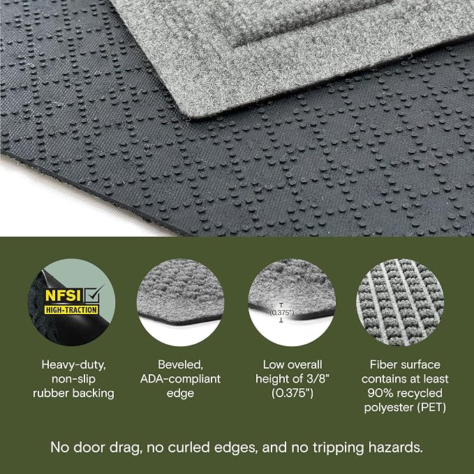 WaterHog Squares Front Door Mat Indoor Outdoor Entrance, Absorbent All-Weather Doormat with Non-Slip Rubber Backing, Dirt & Moisture Trapper, Low Profile, Easy Clean, Made in USA, 22"x60" Medium Grey