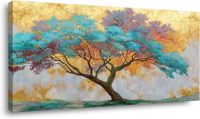 Ggaafet Gold Blue Tree Wall Art for Living Room Canvas Oil Painting Prints Beautiful Tree of Life Art Deco Modern Artwork Office Bedroom Family Dining Room Decor Extra Large