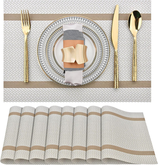 Beige White Placemats Set of 8 - Easy Clean Modern Durable Washable Vinyl Place Mats - Heat Resistant Placemats for Kitchen Table - PVC Table Mats for Dining Table (Beige White with Stripes, 8)