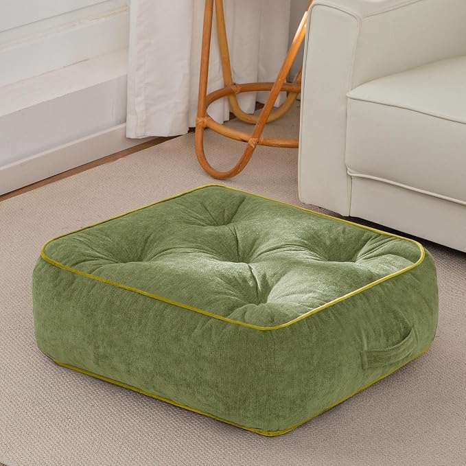 HIGOGOGO 8" Extra Thick Floor Pillow Cushion for Adults, Meditation Cushion Pillow with Handle, Lustrous Chenille Tufted, Square Floor Sitting for Tatami Living Room or Yoga, 22x22 Inch, Green