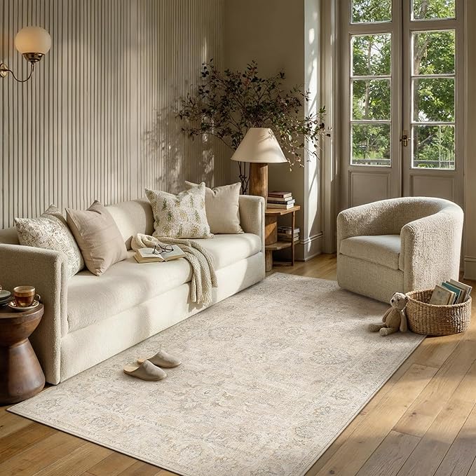 4x6 Cream Washable Area Rug for Living Room Bedroom Neutral Floral Soft Non Slip Rug Low Pile Distressed Carpet for Dining Room Nursery Office Indoor