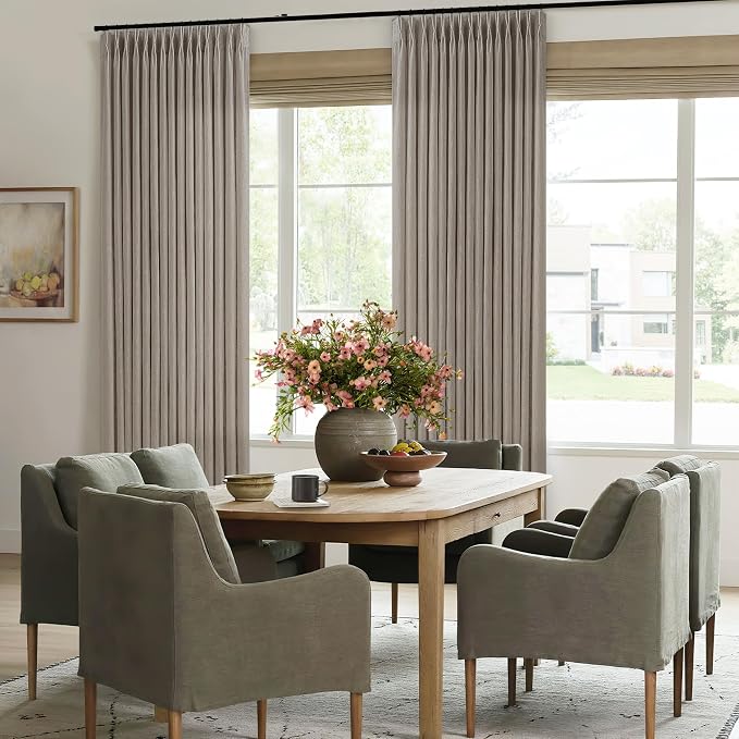 Pinch Pleated Linen Curtains 84 Inch Length for Living Room Bedroom Textured Burlywood Birch Semi Sheer Boho Neutral Back Tab Pinch Pleat Hooks Rings Window Curtain 84 Inches Long 1 Panel Taupe