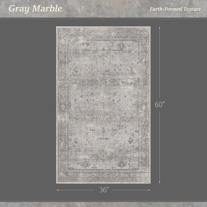 Washable 3x5 Entryway Rug, Non-Slip Low Pile Area Rug for Kitchen, Living Room & Laundry Room, Mineral-Inspired Marble Pattern Neutral Gray Floor Mat
