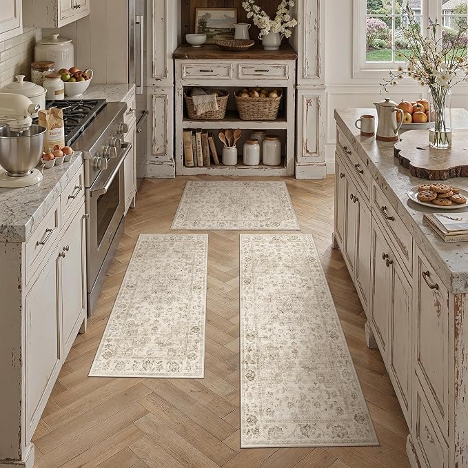 3 Piece Washable Kitchen Rug Set Beige Vintage Runner Mats Non-Slip Soft Low Pile Farmhouse Area Rugs for Floor Sink Laundry Bedroom Bathroom Living Room, 2x3 + 2x4 + 2x5