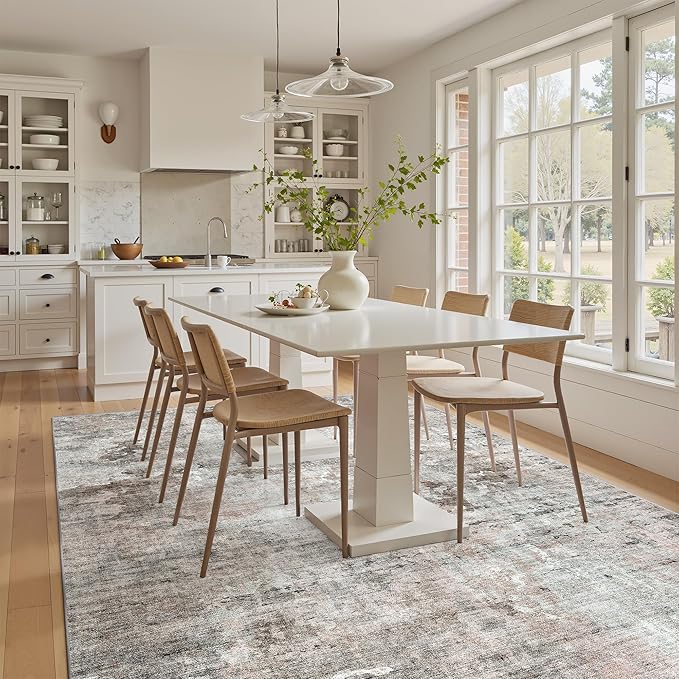 Soalmost Abstract Rug 5x7 Machine Washable Area Indoor Pink Grey Low Pile Non-Slip Foldable Thin Accent Gray Rugs for Bedroom Living Room Dining Room
