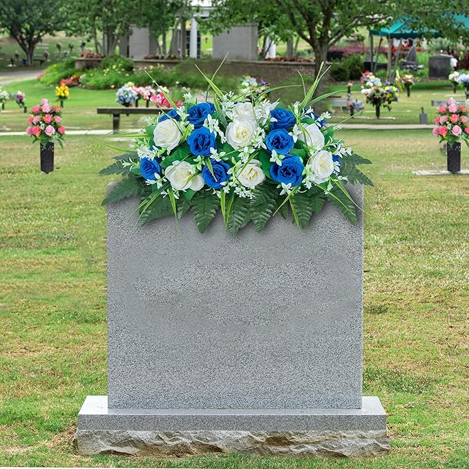 DONODA Cemetery Tombstone Flower Saddle - Outdoor Grave Decorations - Non-Bleed Colors, Rose Combination Flower (Dark Blue and White Saddle)